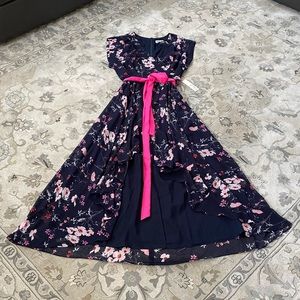 Floral High-Low Faux Wrap Chiffon Dress navy pink wedding guest sz 16 Eliza J